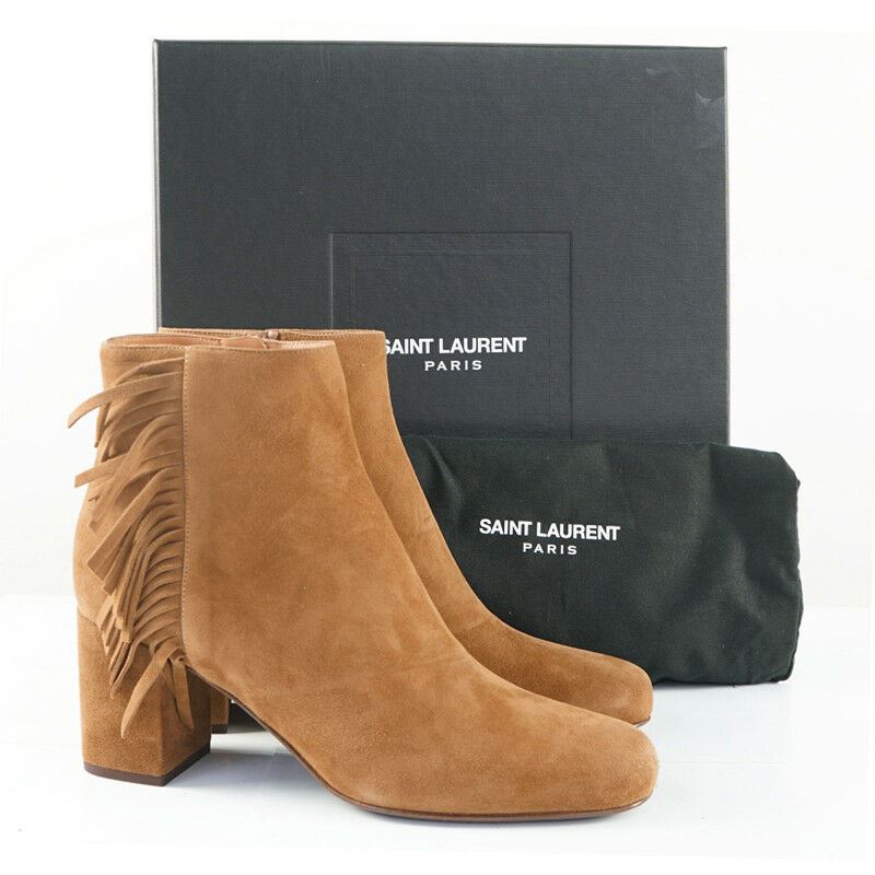 37.5 NEW $895 SAINT LAURENT Tan Suede 70 BABIES Fringe Boho ANKLE BOOTS