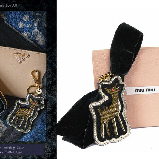 NEW $525 MIU MIU Beaded Embellished DEER & Black Velvet BOW Bag KEYCHAIN TRICK