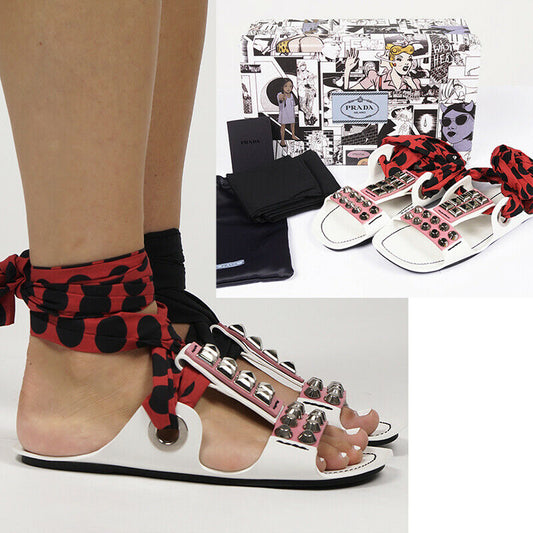 37 37.5 NEW $795 PRADA RUNWAY White SILVER STUD Wrap FLAT GLADIATOR SANDALS