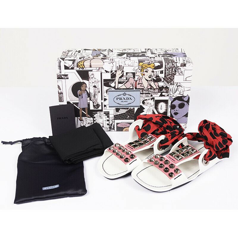 37 37.5 NEW $795 PRADA RUNWAY White SILVER STUD Wrap FLAT GLADIATOR SANDALS