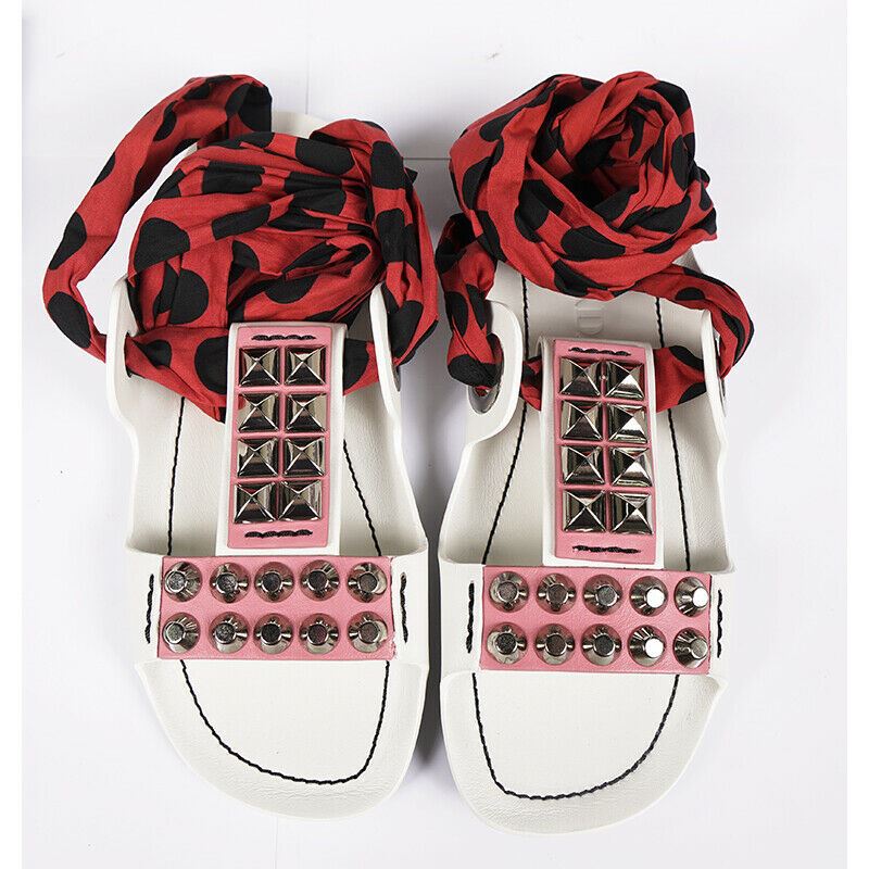 37 37.5 NEW $795 PRADA RUNWAY White SILVER STUD Wrap FLAT GLADIATOR SANDALS
