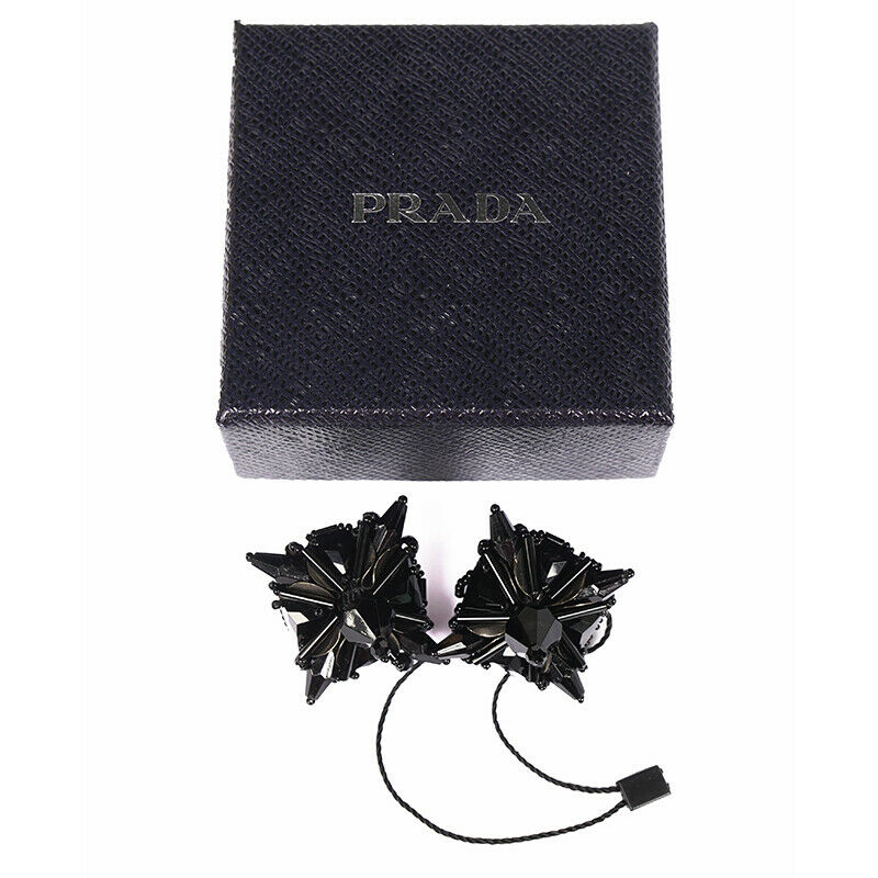 NEW $495 PRADA Black Gunmetal BEADED & METAL GOTHIC Bold CLIP EARRINGS w/ BOX!