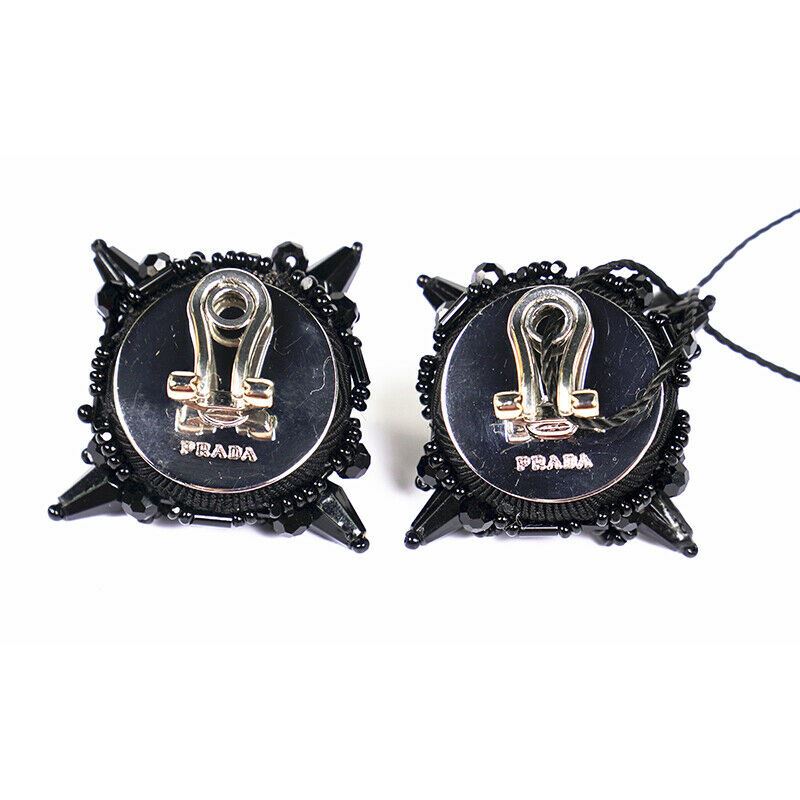 NEW $495 PRADA Black Gunmetal BEADED & METAL GOTHIC Bold CLIP EARRINGS w/ BOX!