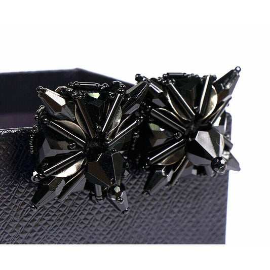 NEW $495 PRADA Black Gunmetal BEADED & METAL GOTHIC Bold CLIP EARRINGS w/ BOX!