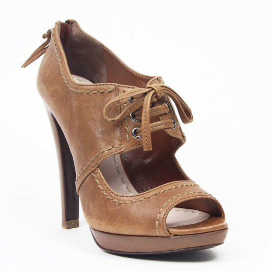 39 US 8.5 NEW $795 MIU MIU RUNWAY Brown WASHED RUGGED LEATHER Open Toe HEELS Bootie