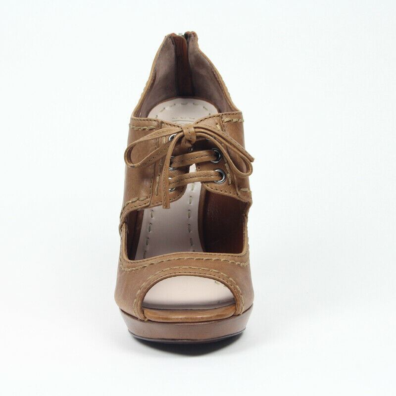 39 US 8.5 NEW $795 MIU MIU RUNWAY Brown WASHED RUGGED LEATHER Open Toe HEELS Bootie