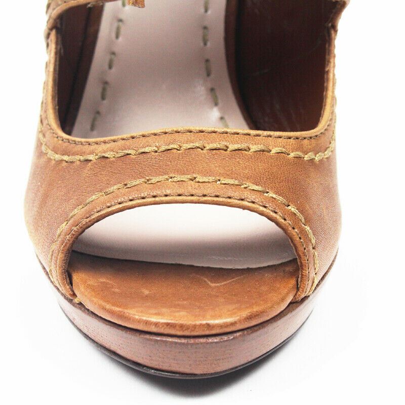 39 US 8.5 NEW $795 MIU MIU RUNWAY Brown WASHED RUGGED LEATHER Open Toe HEELS Bootie