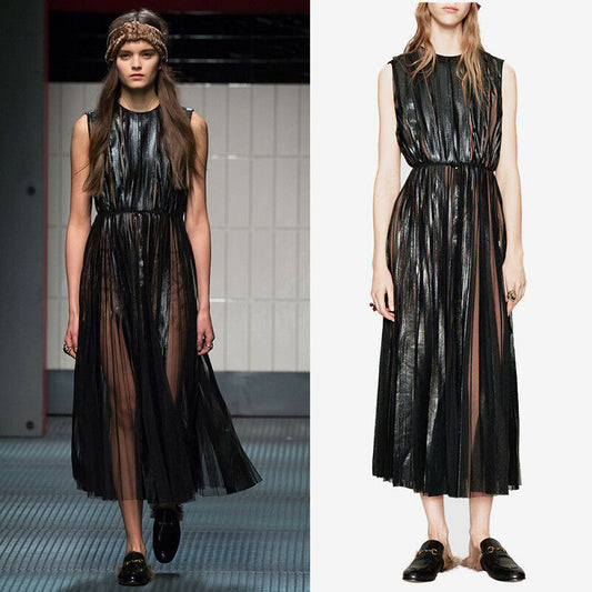 sz 38 NEW $3,600 GUCCI RUNWAY Black Laminate TULLE Plissé NUDE SILK LINING DRESS