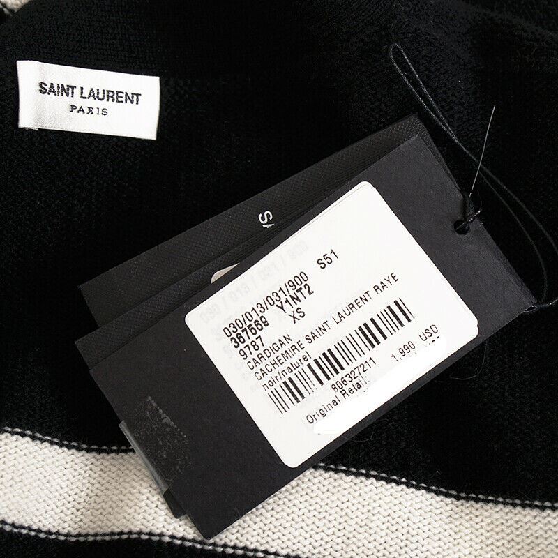 sz XS NEW $1,990 SAINT LAURENT Black White 100% CASHMERE Knit CARDIGAN SWEATER