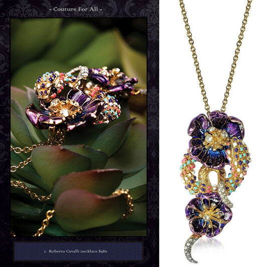 NEW $780 ROBERTO CAVALLI Gold Tone SNAKE FLOWER Enamel Swarovki Crystal NECKLACE