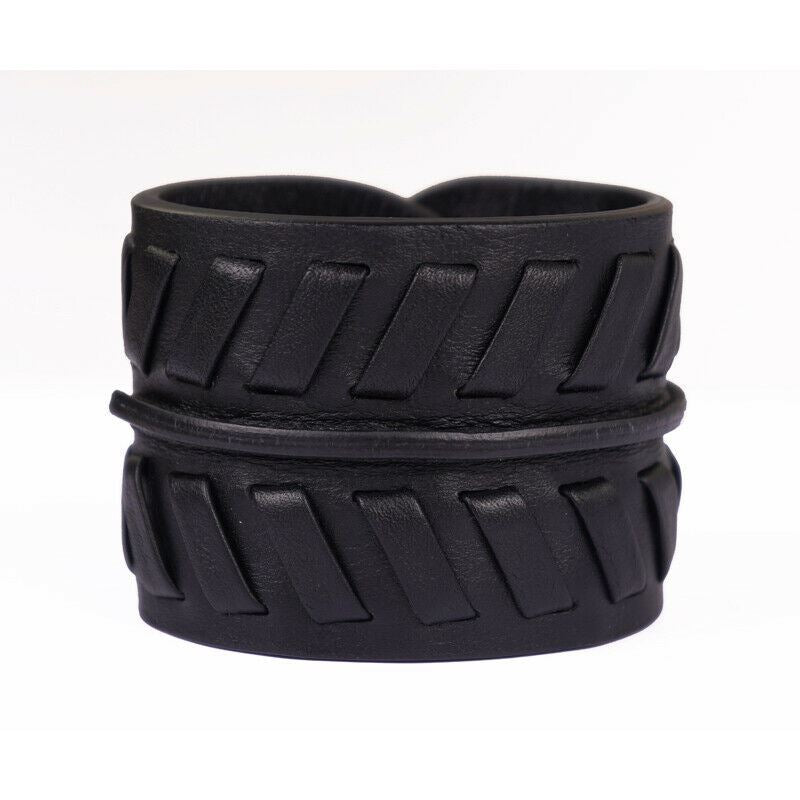 NEW $725 ROBERTO CAVALLI Black Leather GOLD SNAKE HEAD Rocker Chic CUFF BRACELET