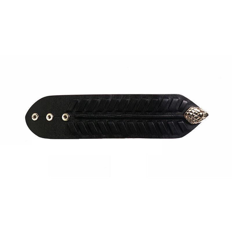 NEW $725 ROBERTO CAVALLI Black Leather GOLD SNAKE HEAD Rocker Chic CUFF BRACELET