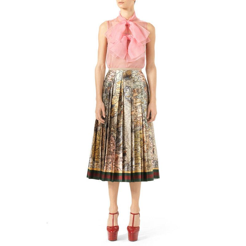 XS NEW $4200 GUCCI RUNWAY Vintage SEA MAP 100% silk SATIN A Frame PLEATED SKIRT