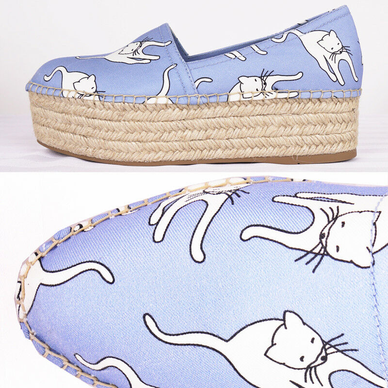 sz 37 NEW $890 MIU MIU Blue WHITE CAT PRINT Platform ESPADRILLES FLATS NIB