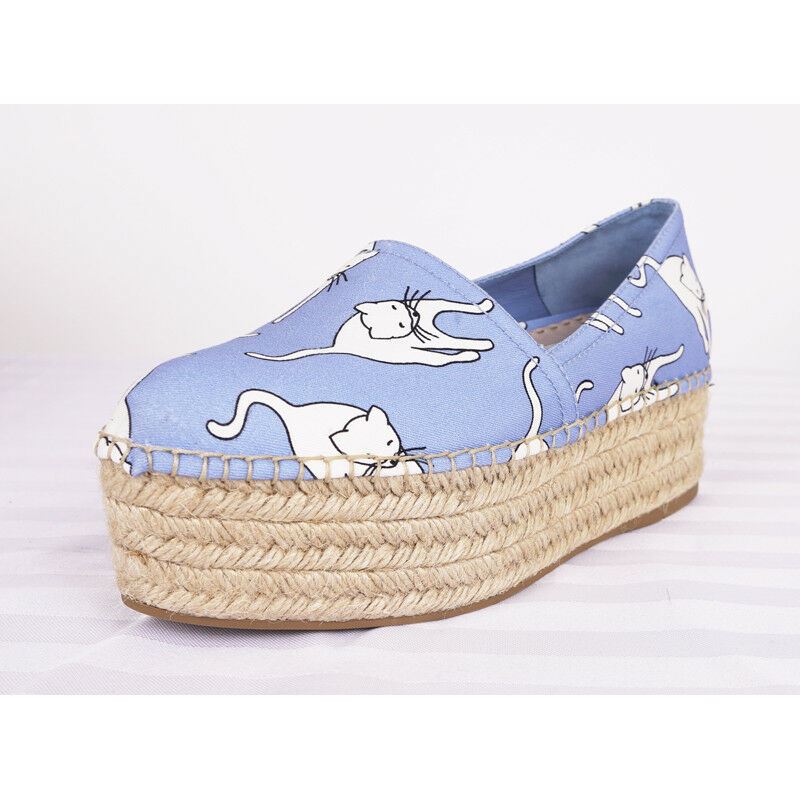 sz 37 NEW $890 MIU MIU Blue WHITE CAT PRINT Platform ESPADRILLES FLATS NIB