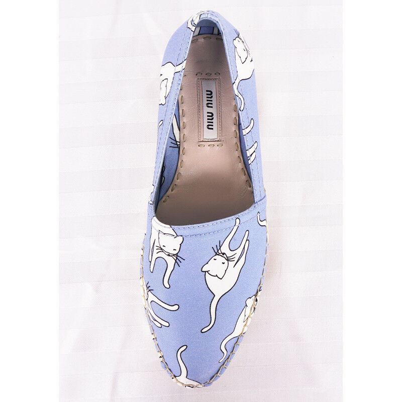 sz 37 NEW $890 MIU MIU Blue WHITE CAT PRINT Platform ESPADRILLES FLATS NIB