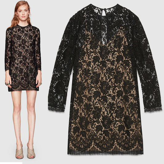 sz 40 NEW $2400 GUCCI Black Sheer FLORAL LACE Long Sleeves DRESS w/ NUDE SLIP