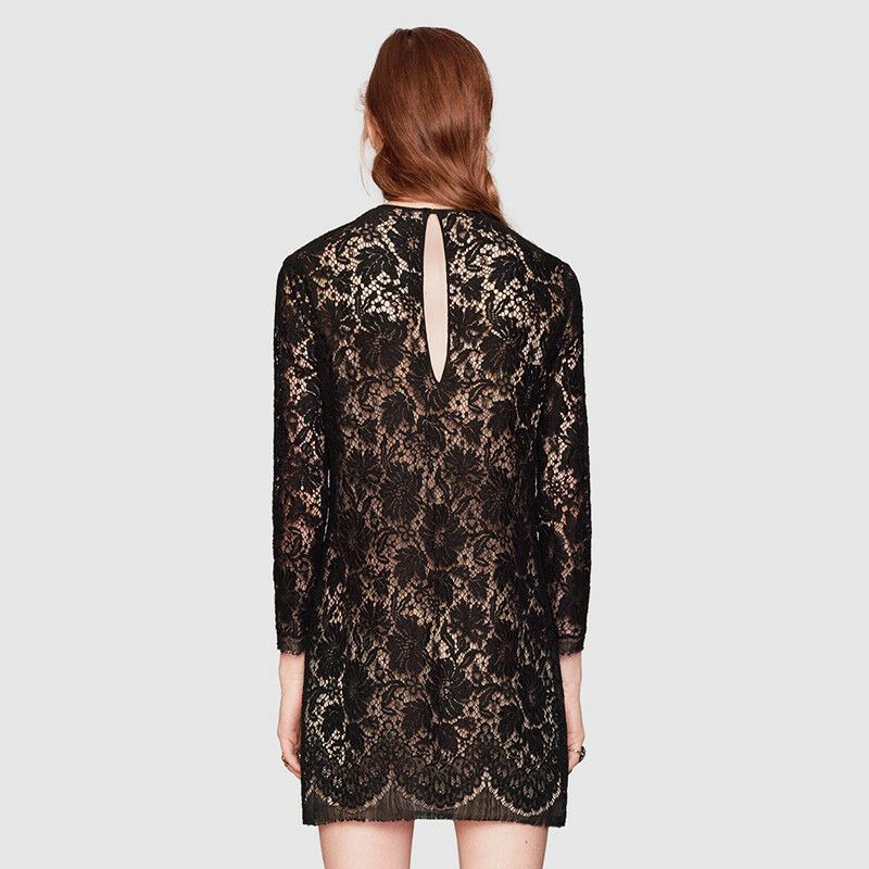 sz 40 NEW $2400 GUCCI Black Sheer FLORAL LACE Long Sleeves DRESS w/ NUDE SLIP
