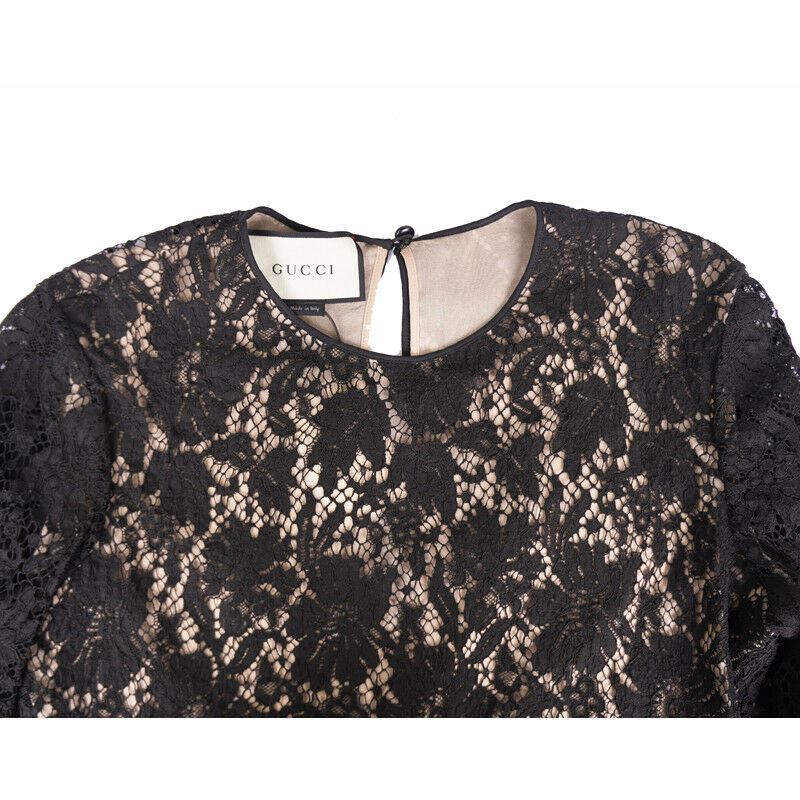 sz 40 NEW $2400 GUCCI Black Sheer FLORAL LACE Long Sleeves DRESS w/ NUDE SLIP