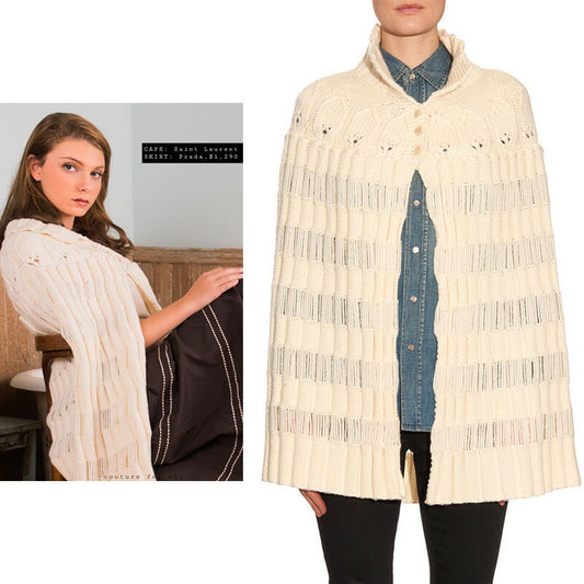 XS & M NEW $2100 SAINT LAURENT Cream 100% WOOL Cozy Knit CAPELET PONCHO SWEATER