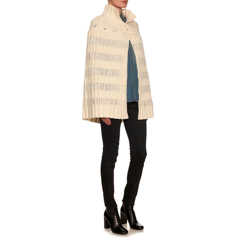 XS & M NEW $2100 SAINT LAURENT Cream 100% WOOL Cozy Knit CAPELET PONCHO SWEATER