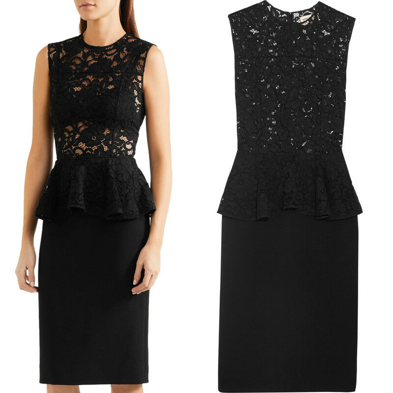 38 40 NEW $2250 SAINT LAURENT Black SHEER LACE UPPER Spring PEPLUM Pencil DRESS