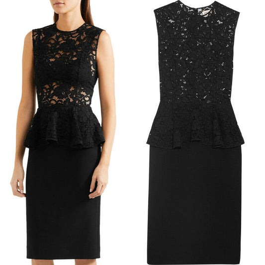 38 40 NEW $2250 SAINT LAURENT Black SHEER LACE UPPER Spring PEPLUM Pencil DRESS