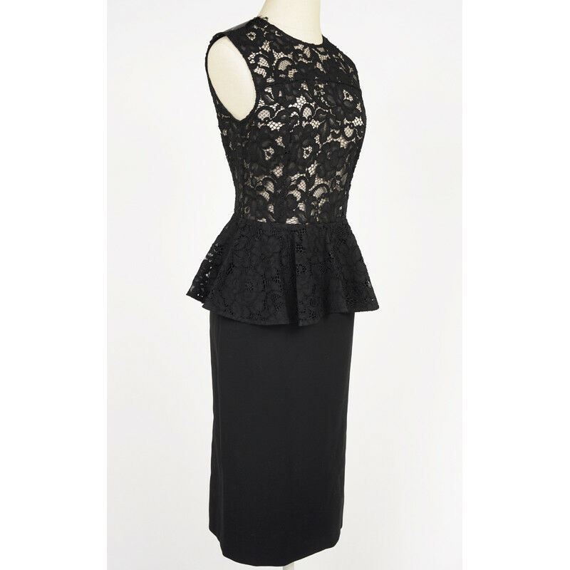 38 40 NEW $2250 SAINT LAURENT Black SHEER LACE UPPER Spring PEPLUM Pencil DRESS