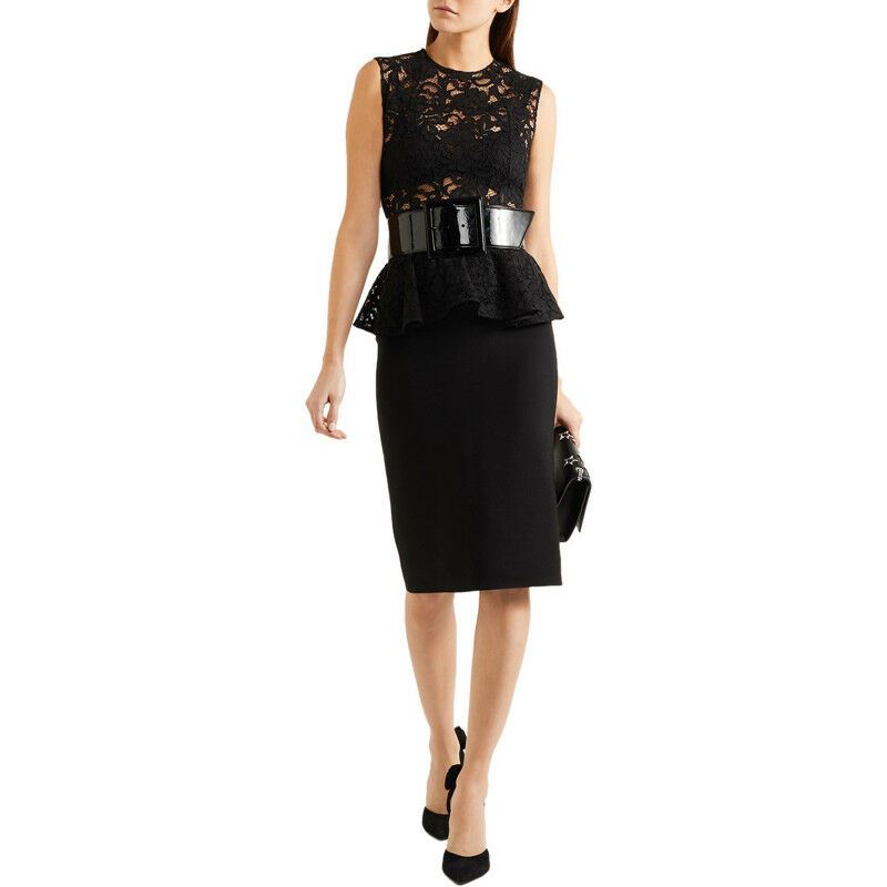 38 40 NEW $2250 SAINT LAURENT Black SHEER LACE UPPER Spring PEPLUM Pencil DRESS