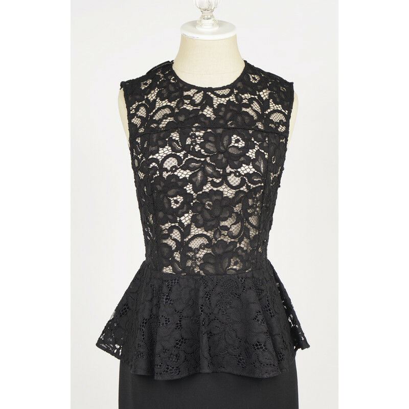38 40 NEW $2250 SAINT LAURENT Black SHEER LACE UPPER Spring PEPLUM Pencil DRESS