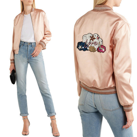 sz 42 NEW $2,790 SAINT LAURENT Blush Pink SATIN SEQUIN LOVE Patch BOMBER JACKET