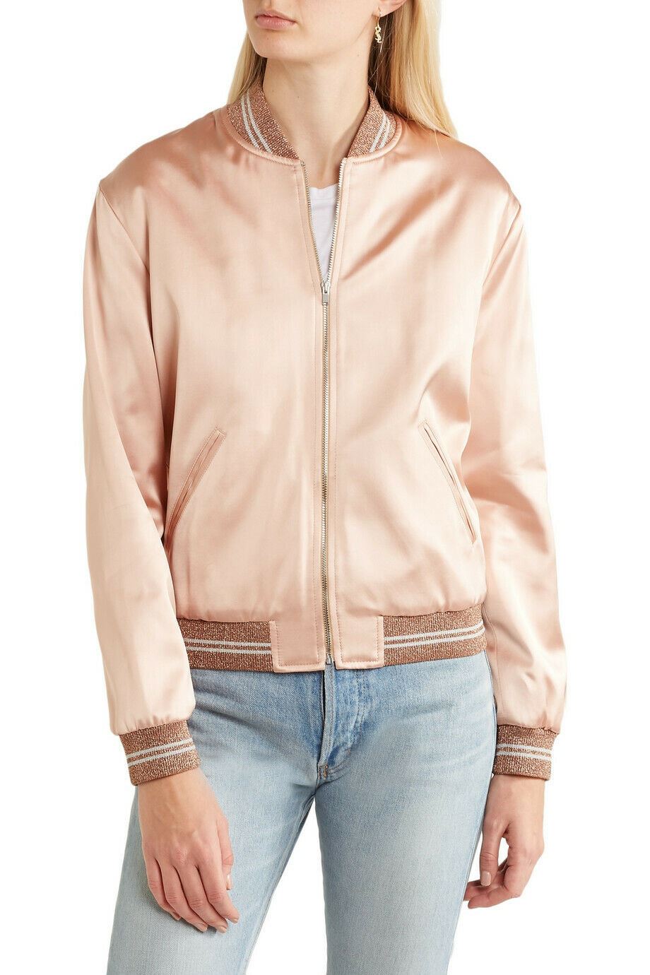 sz 42 NEW $2,790 SAINT LAURENT Blush Pink SATIN SEQUIN LOVE Patch BOMBER JACKET