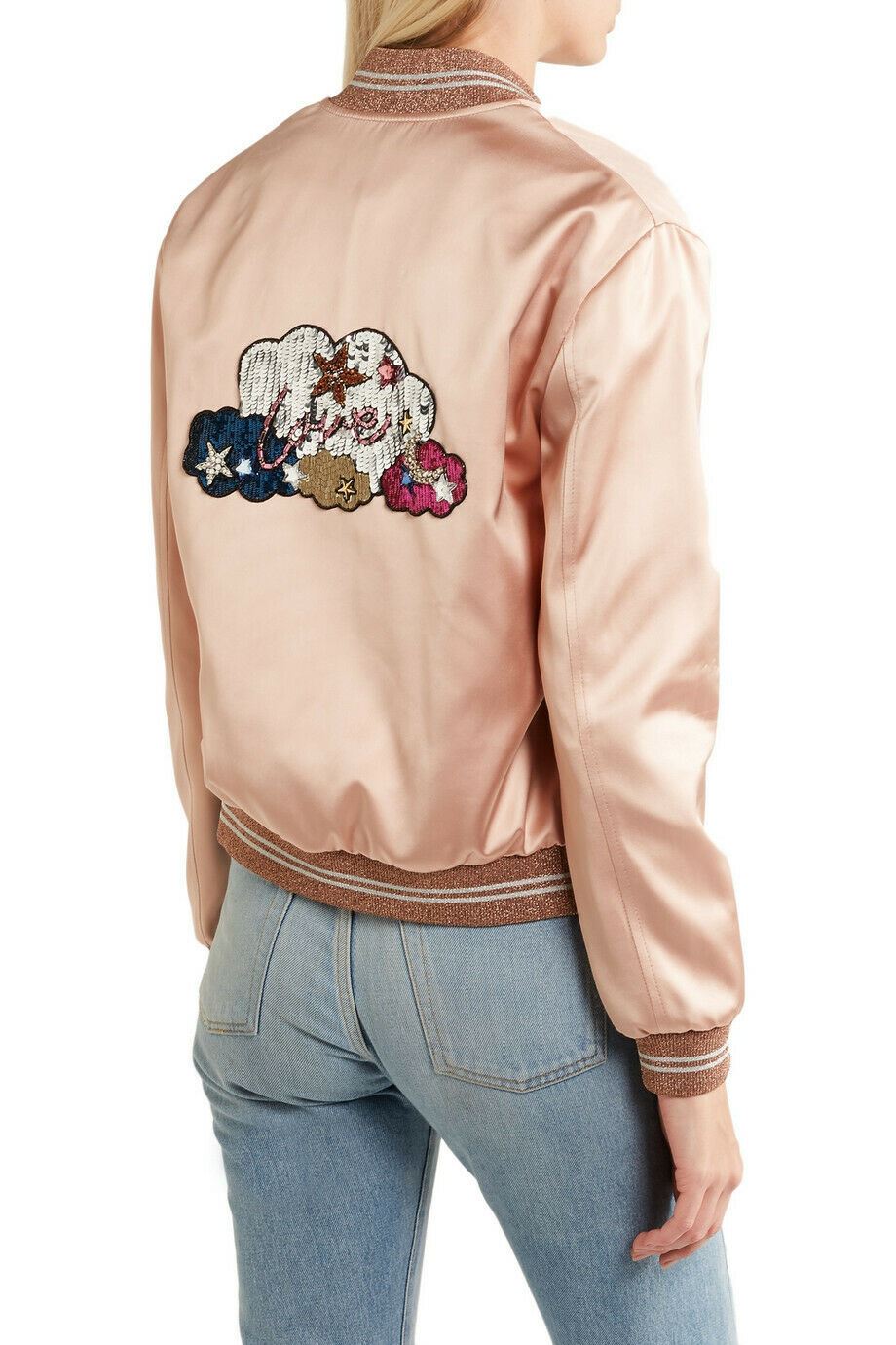 sz 42 NEW $2,790 SAINT LAURENT Blush Pink SATIN SEQUIN LOVE Patch BOMBER JACKET