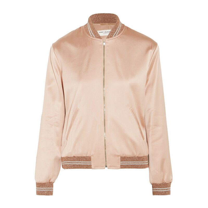 sz 42 NEW $2,790 SAINT LAURENT Blush Pink SATIN SEQUIN LOVE Patch BOMBER JACKET