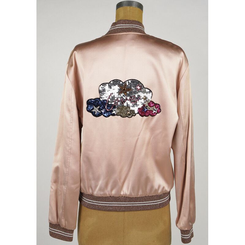 sz 42 NEW $2,790 SAINT LAURENT Blush Pink SATIN SEQUIN LOVE Patch BOMBER JACKET