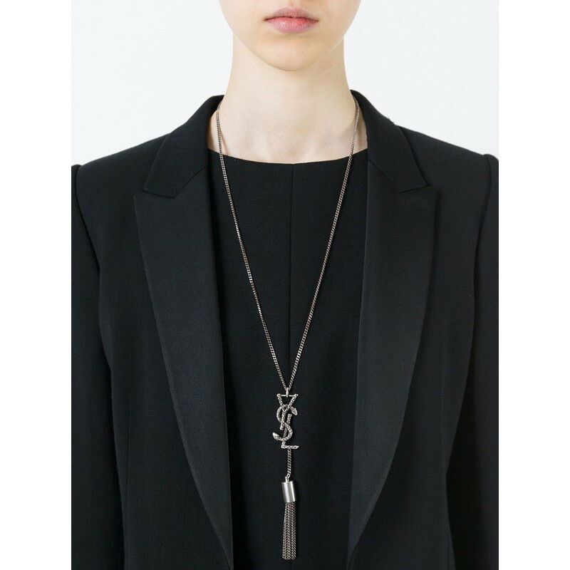 NEW $695 SAINT LAURENT Silver Brass SNAKE YSL MONOGRAM Tassel Chain NECKLACE NWT