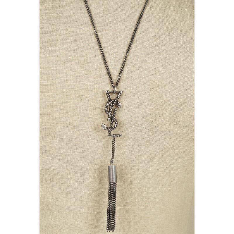 NEW $695 SAINT LAURENT Silver Brass SNAKE YSL MONOGRAM Tassel Chain NECKLACE NWT