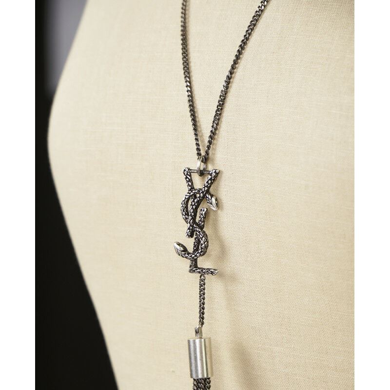 NEW $695 SAINT LAURENT Silver Brass SNAKE YSL MONOGRAM Tassel Chain NECKLACE NWT
