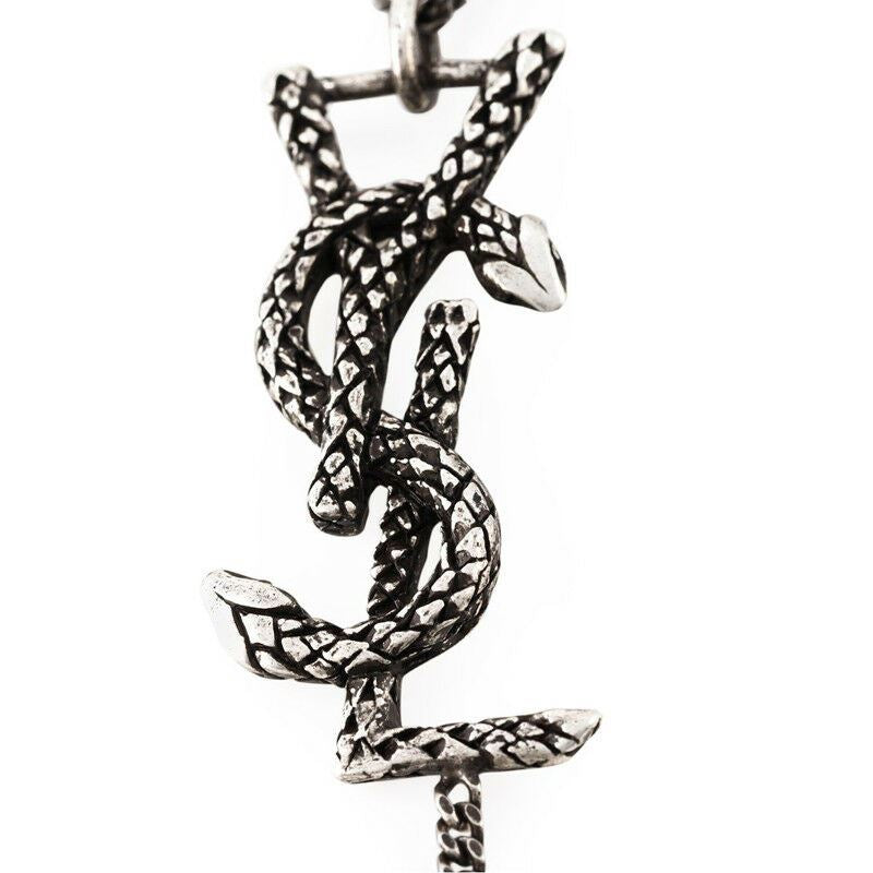 NEW $695 SAINT LAURENT Silver Brass SNAKE YSL MONOGRAM Tassel Chain NECKLACE NWT