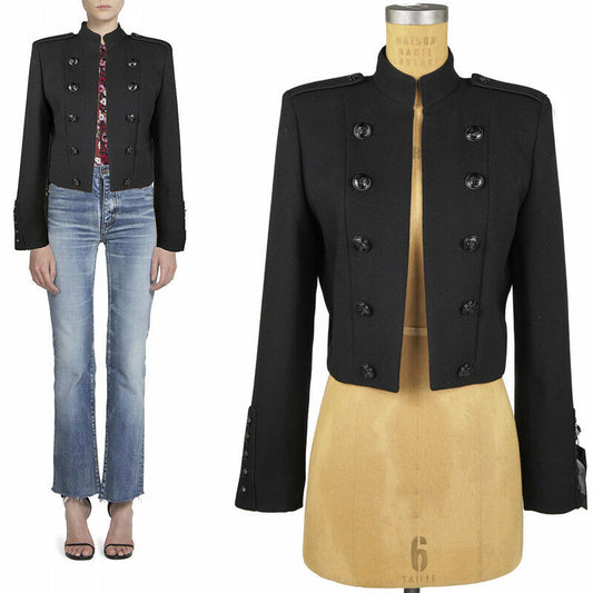sz 42 NEW $3,990 SAINT LAURENT Black 100% Wool MILITARY OFFICER Blazer JACKET S