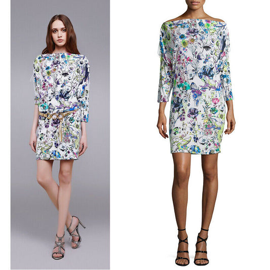 44 NEW $1190 ROBERTO CAVALLI White ROBOT ASTRO FLORAL GARDEN Jersey Spring DRESS