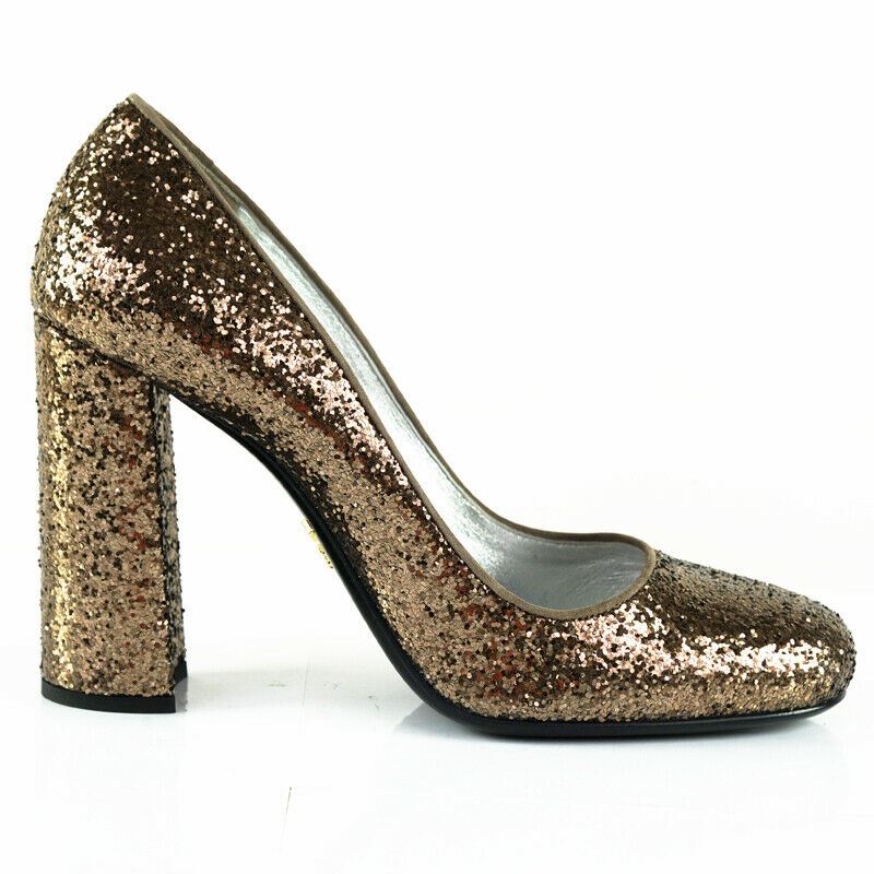 37 NEW $690 PRADA Brown Copper GLITTER Block Heels CLASSIC Round Toe PUMPS