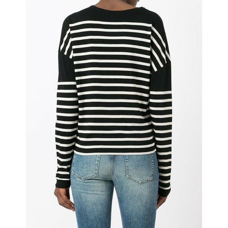 sz XS NEW $890 SAINT LAURENT Black White SMOKING FOREVER Striped Long Sleeve TOP