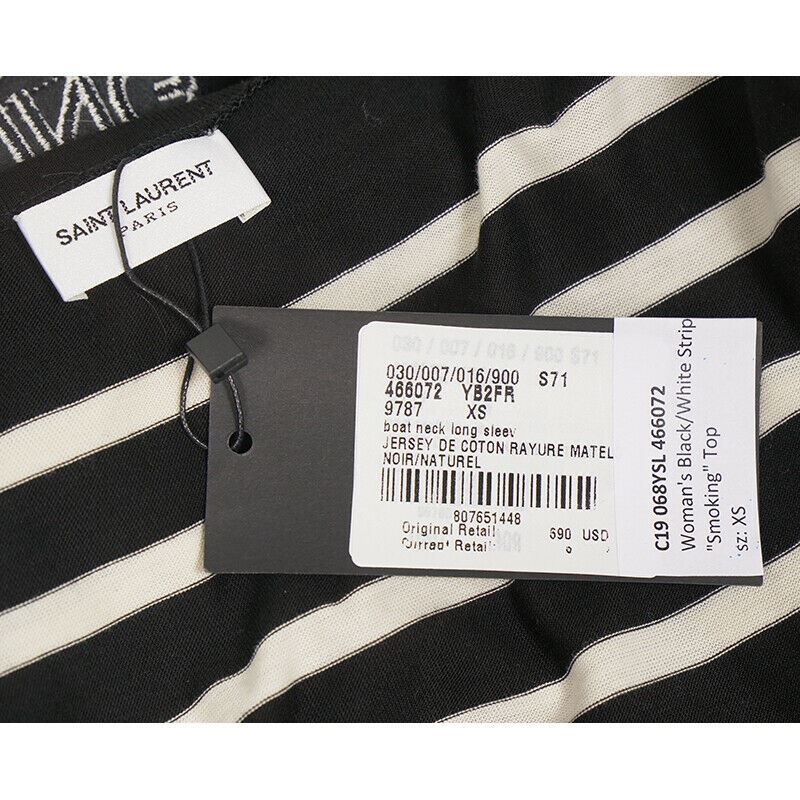 sz XS NEW $890 SAINT LAURENT Black White SMOKING FOREVER Striped Long Sleeve TOP
