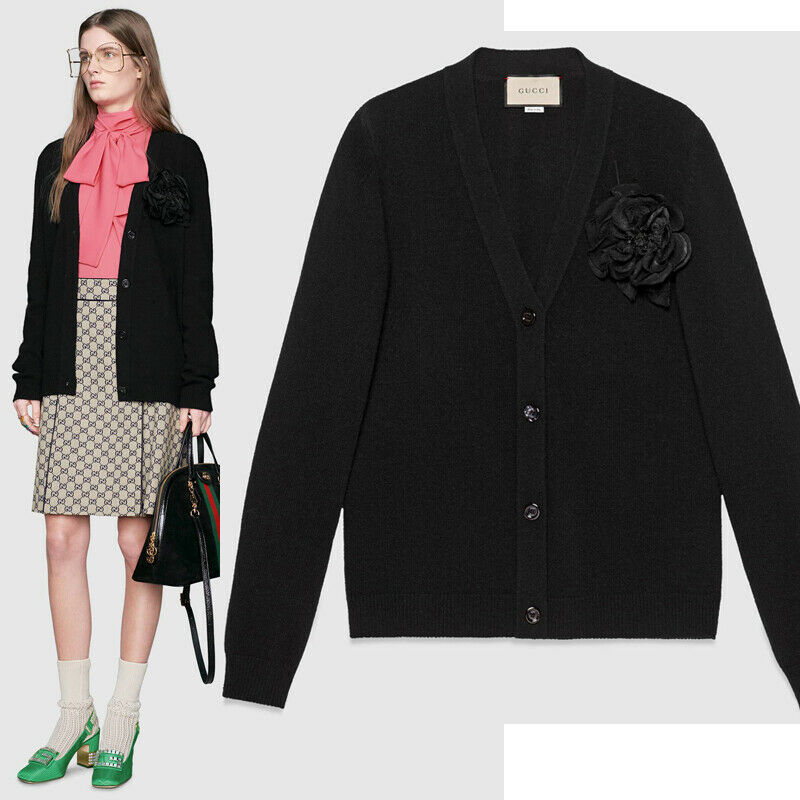 sz XS NEW $1800 GUCCI Black CASHMERE Wool ROSE BROOCH PIN Knit Sweater CARDIGAN