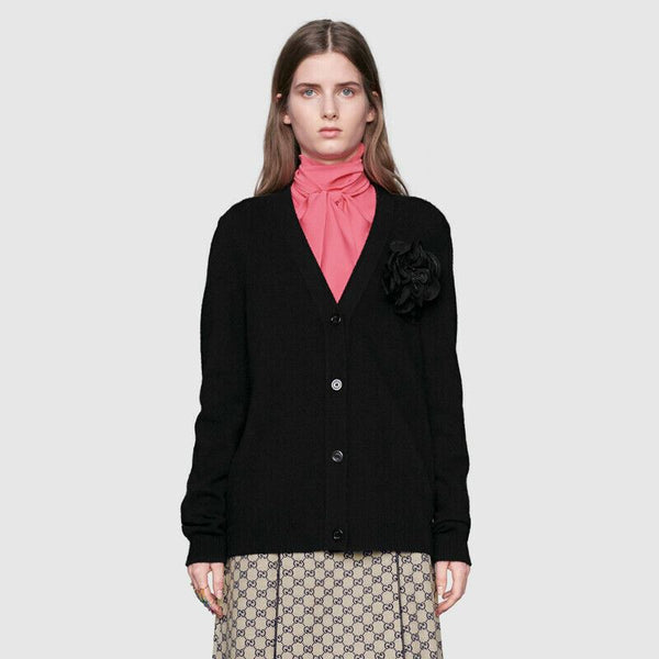 sz XS NEW $1800 GUCCI Black CASHMERE Wool ROSE BROOCH PIN Knit Sweater CARDIGAN