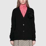 sz XS NEW $1800 GUCCI Black CASHMERE Wool ROSE BROOCH PIN Knit Sweater CARDIGAN
