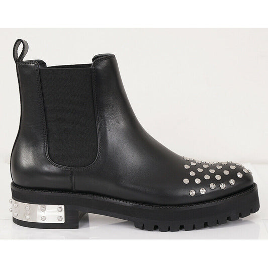 SZ 38.5 NEW $1265 ALEXANDER MCQUEEN Black Leather SILVER STUDDED Chelsea BOOTS