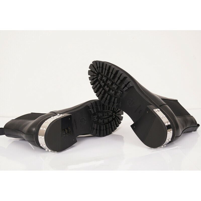 SZ 38.5 NEW $1265 ALEXANDER MCQUEEN Black Leather SILVER STUDDED Chelsea BOOTS