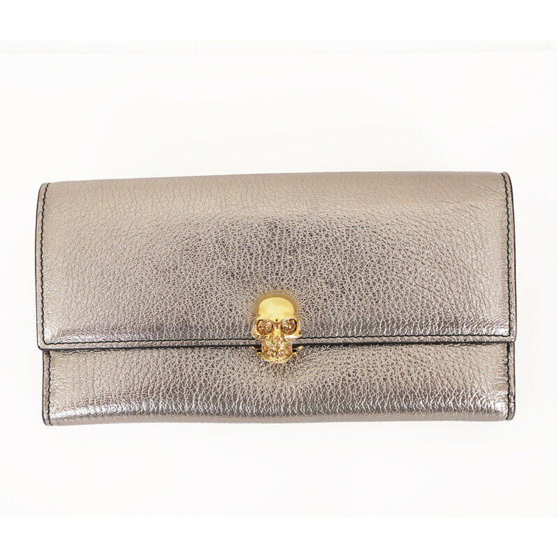 NEW $700 ALEXANDER MCQUEEN Gray Leather GOLD CRYSTAL SKULL Continental WALLET